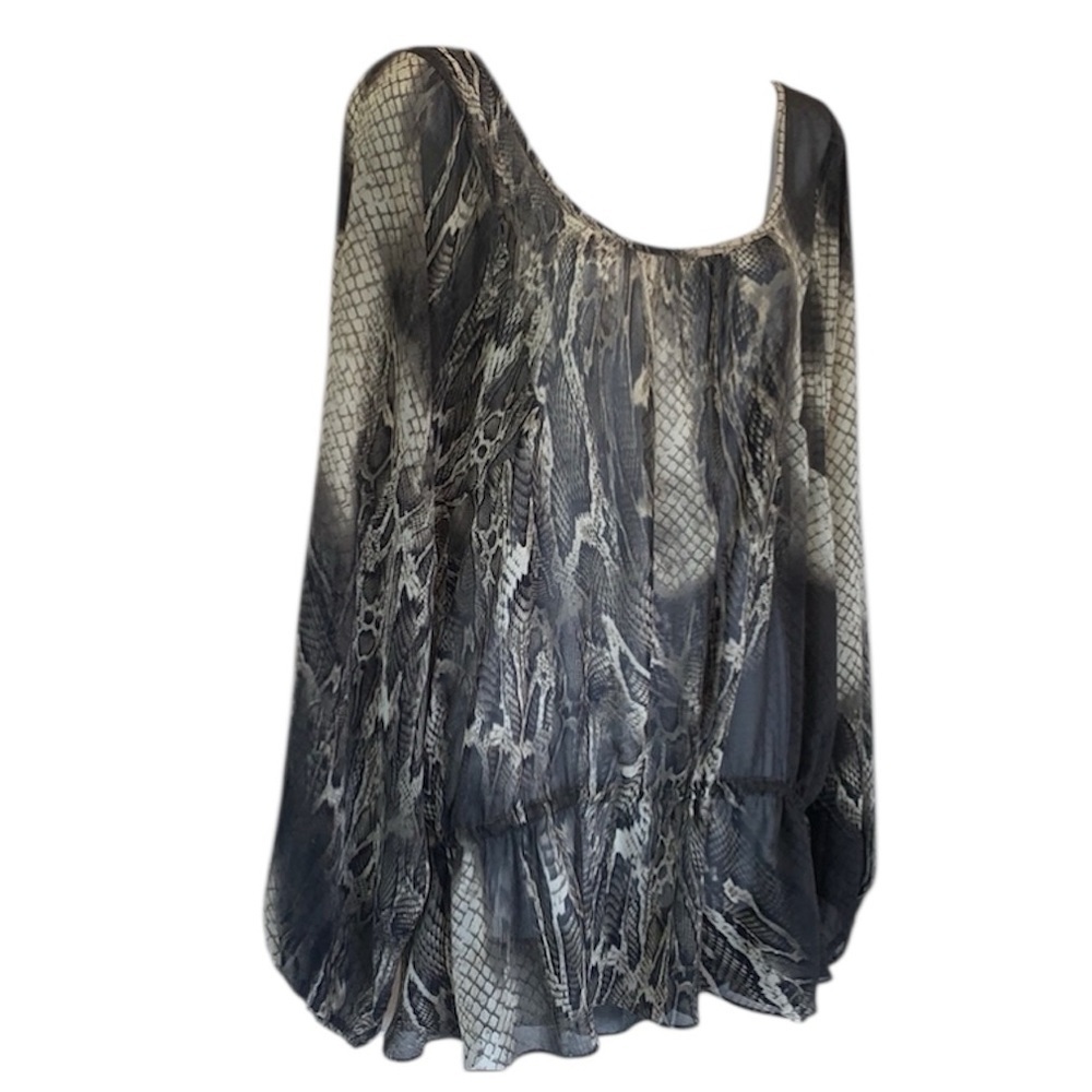 Vertigo Paris blouse Women's M, green & cream snake, dropped blouson waist. euc